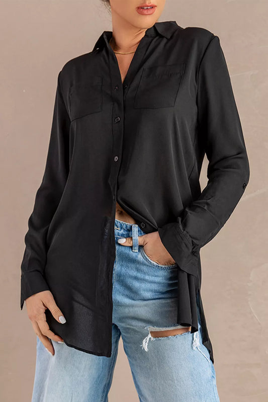 Chest Pockets Split Button-up Boyfriend Shirt
