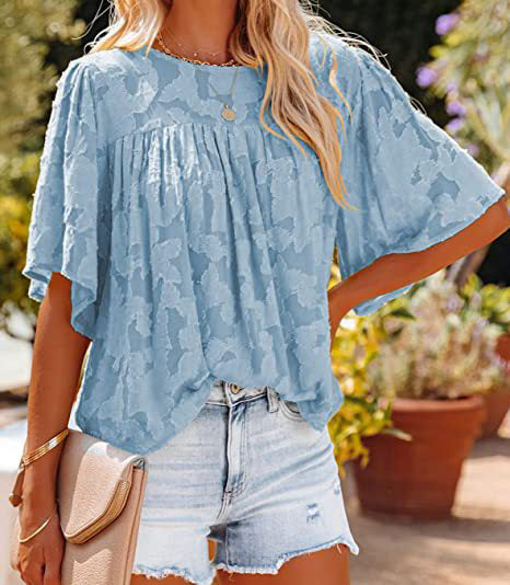 Paneled Lace Floral Flared-Sleeve Chiffon Top