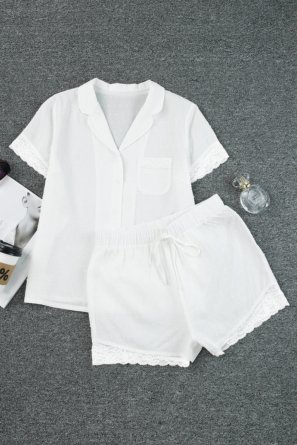 White Spot Woven Lace Splicing Short Sleeve Shirt Pajamas Set
