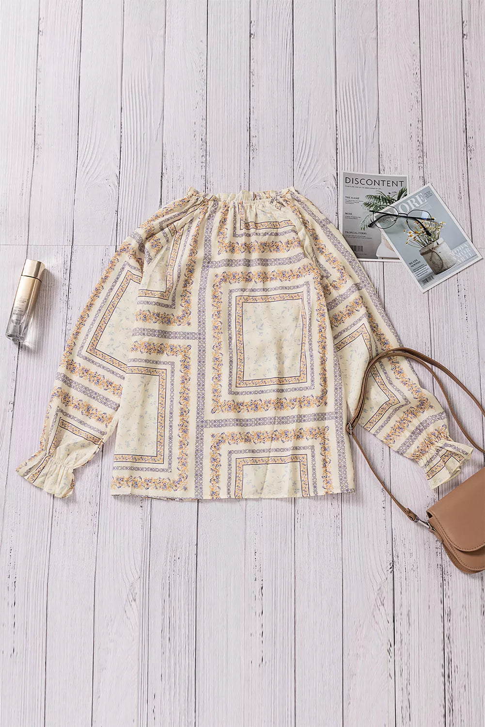 Beige V Neck Lantern Sleeve Drawstring Tribal Print Top