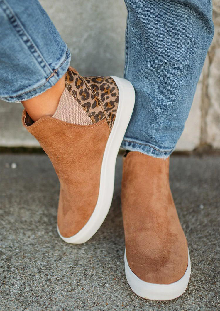 Brown Leopard Color Block Faux Suede Slip On Shoes