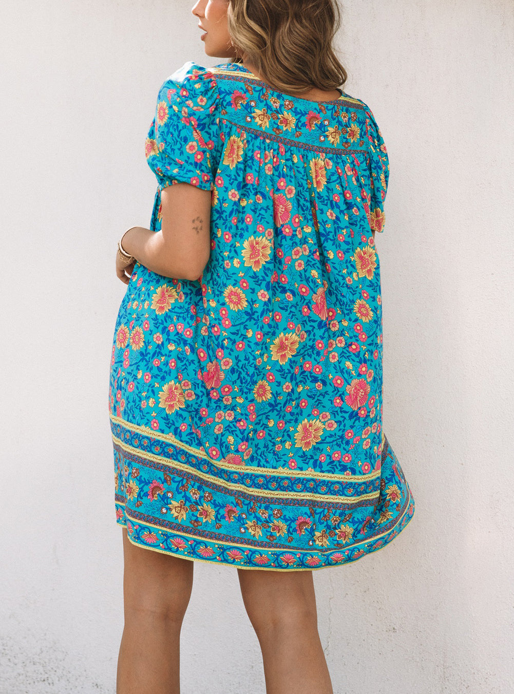 Blue Floral Print Empire Waist Flowy Dress