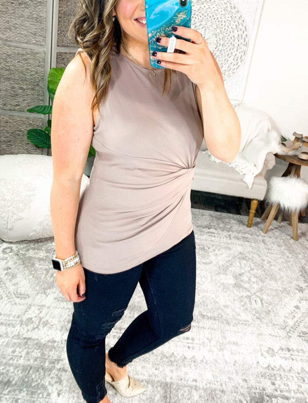 Apricot Twist Front Knot Plus Size Tank Top