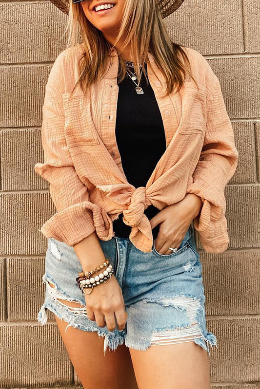 Apricot Textured Raw Edge Trim Buttons Shirt