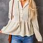 Waffle Knit Buttons Ruffled Hooded Top
