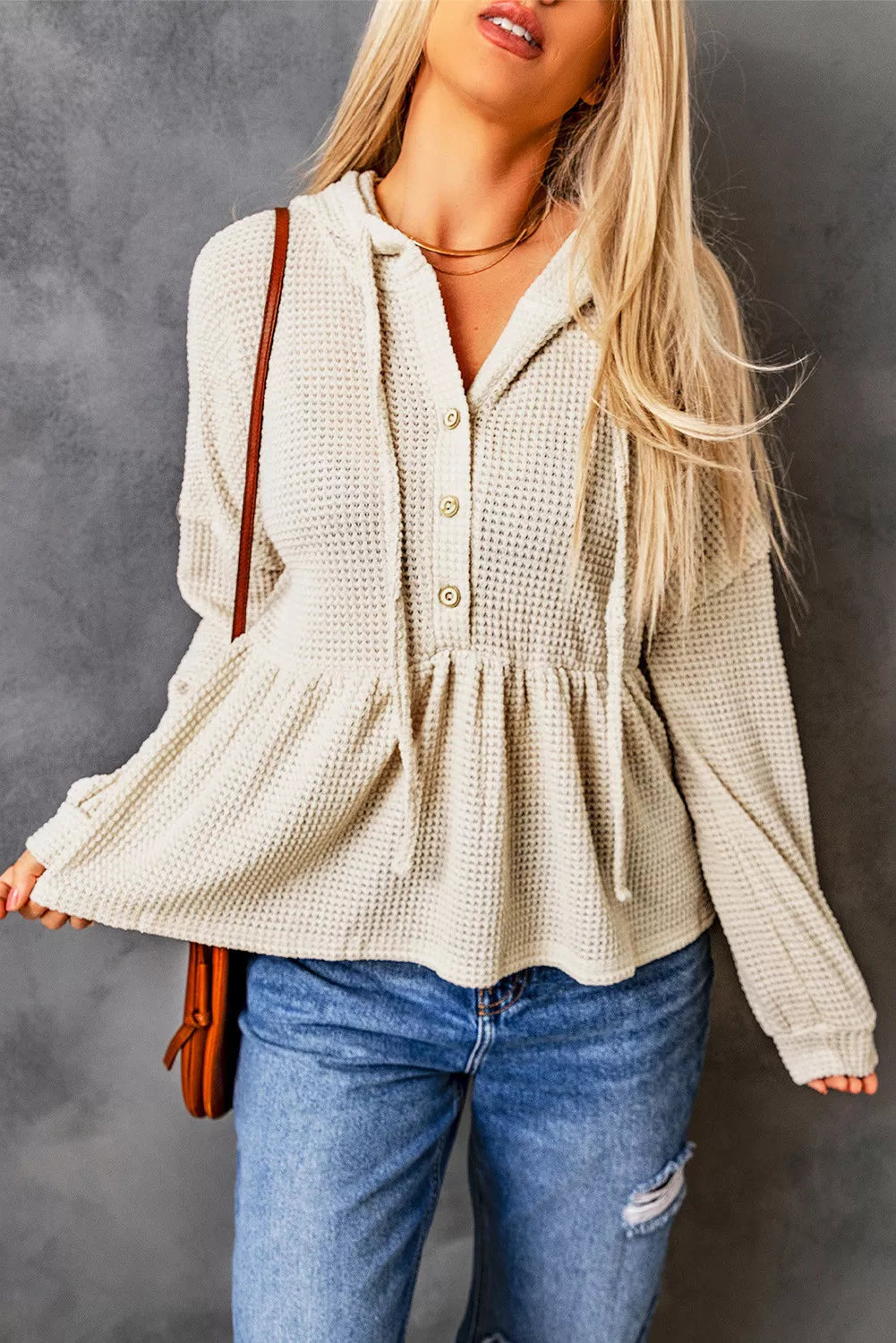 Waffle Knit Buttons Ruffled Hooded Top