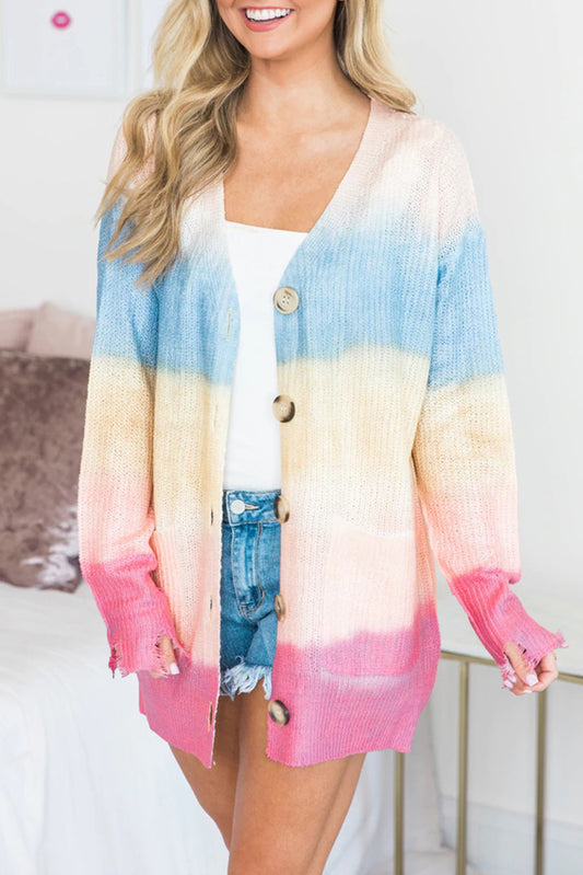 Rainbow Ombre Buttoned Cardigan with Pockets