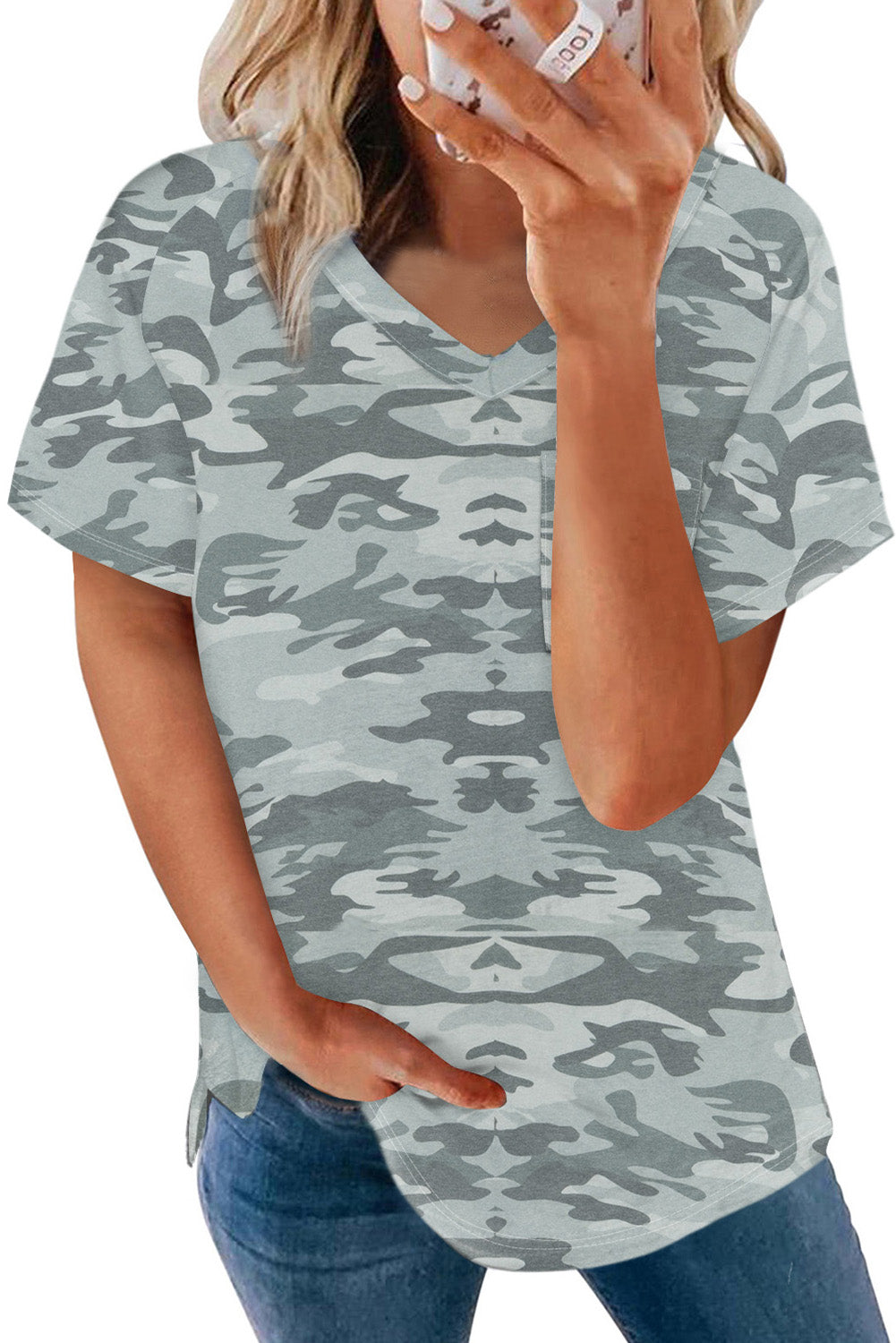 V Neck Front Pocket Leopard Tee