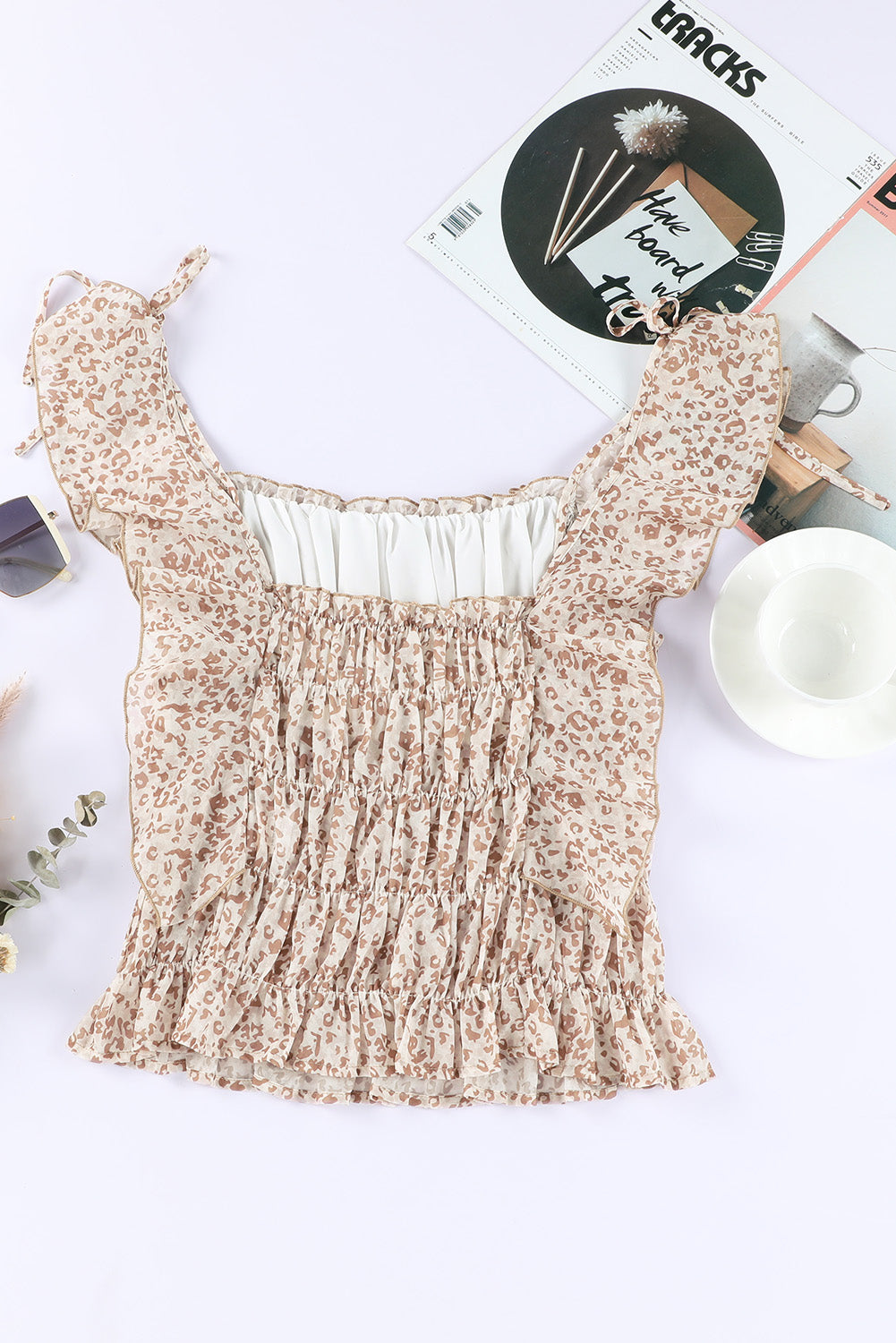 Khaki Leopard Print Tiered Ruffled Tank Top