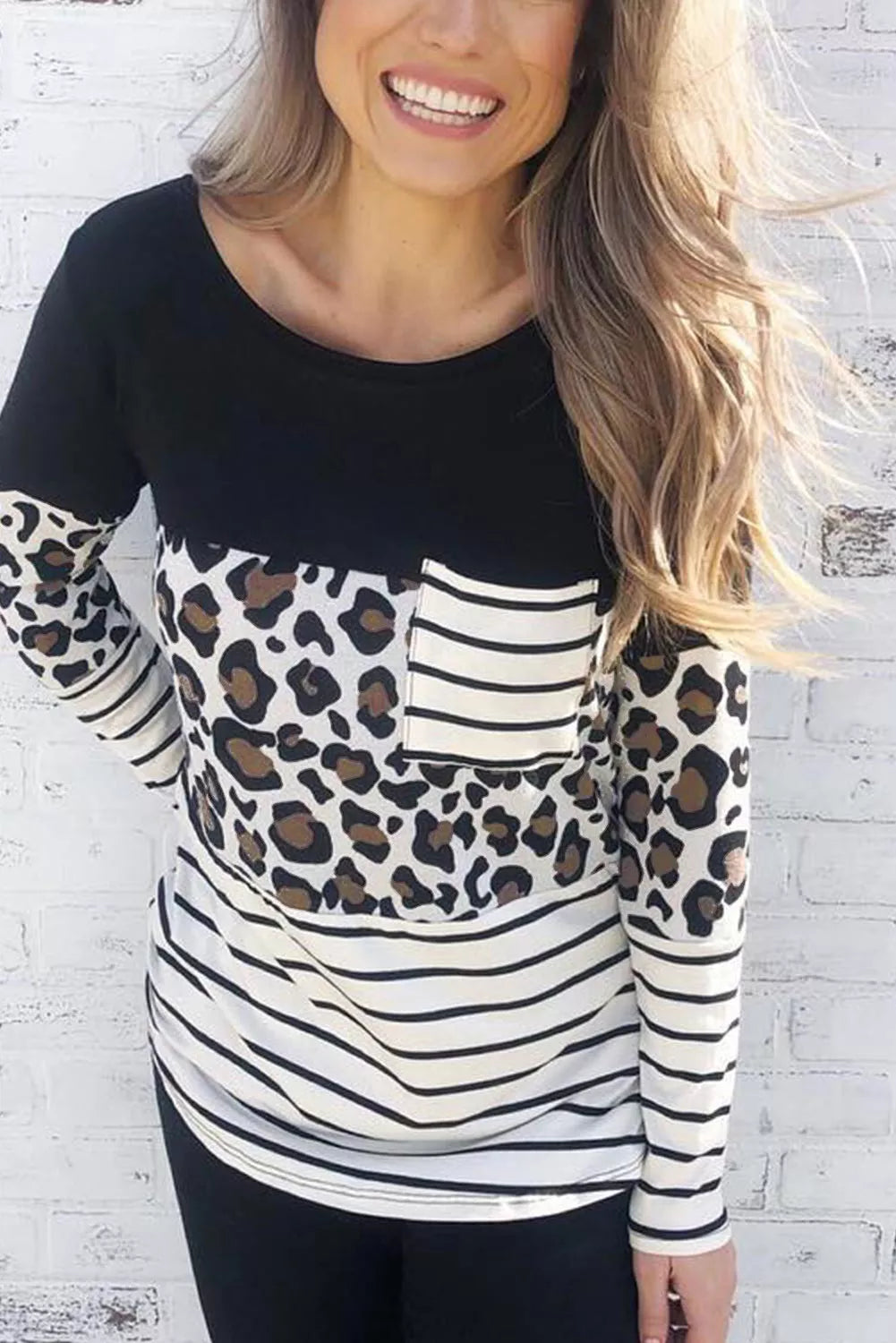 Striped Patchwork Long Sleeve Top with Pocket