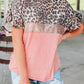 Pink Leopard Sequin Colorblock Patchwork Short Sleeve Top
