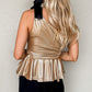 Apricot Velvet Bow Tie One Shoulder Peplum Tank Top