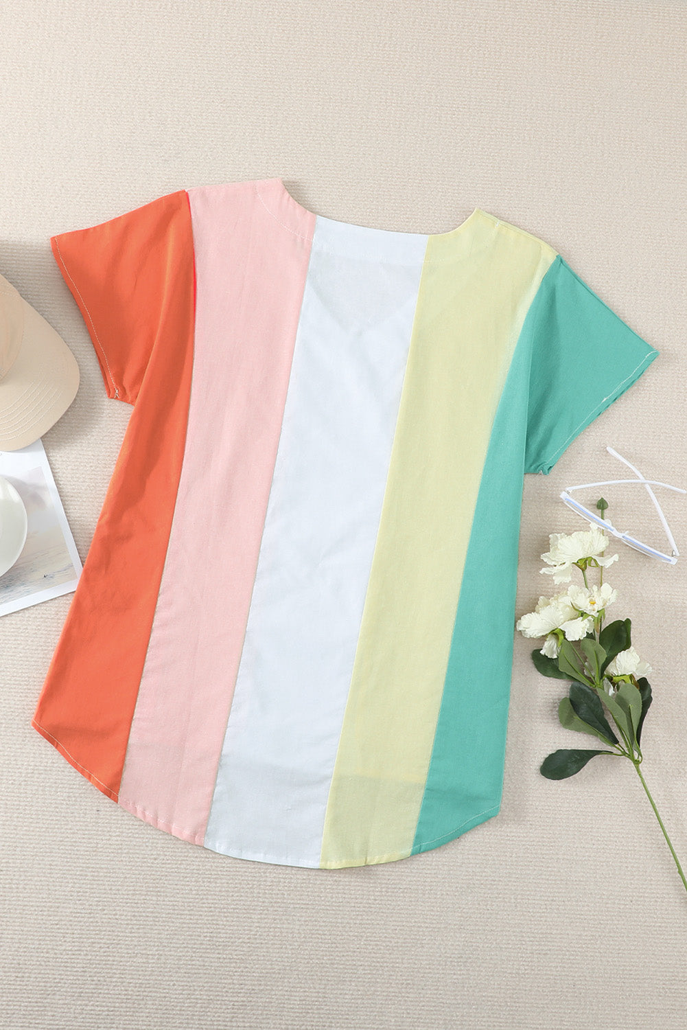 Green Colorblock V Neck Short Sleeve Top