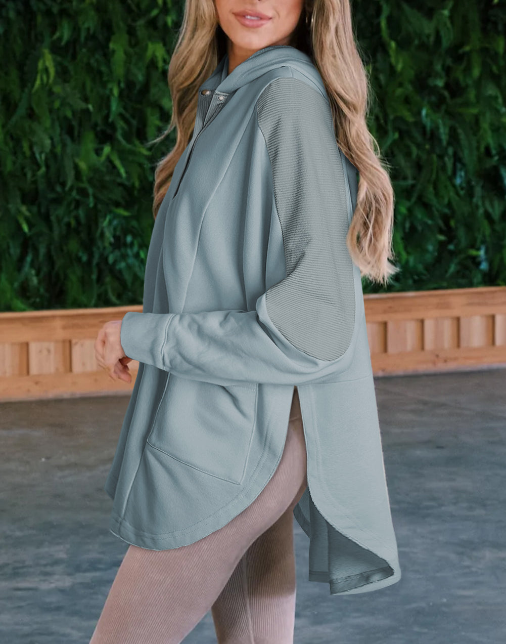 Patchwork Side Pockets Oversized Henley Hoodie