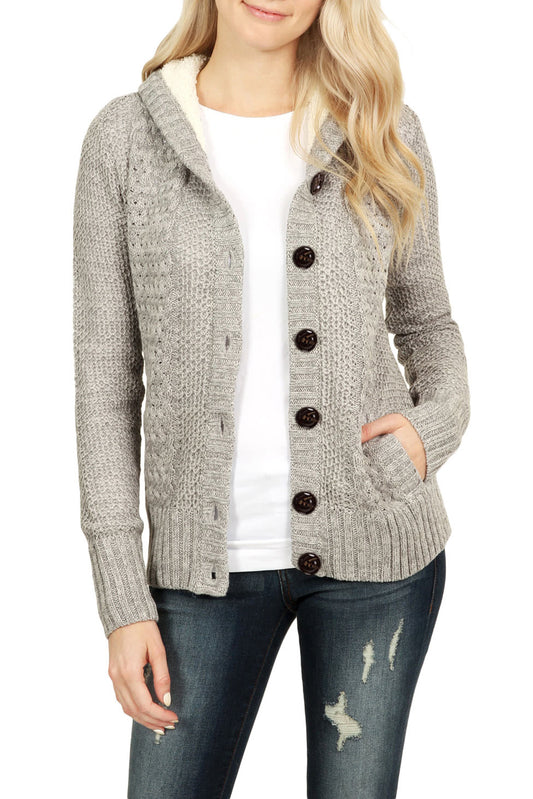 Fleece Hooded Gray Button Cardigan Sweater