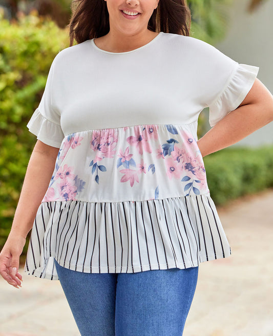 Plus Size Floral Stripe Color Block Babydoll Top