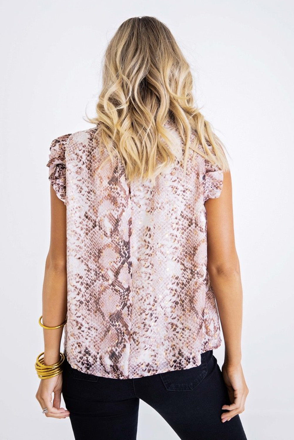 Khaki Snake Sleeveless Ruffle Top