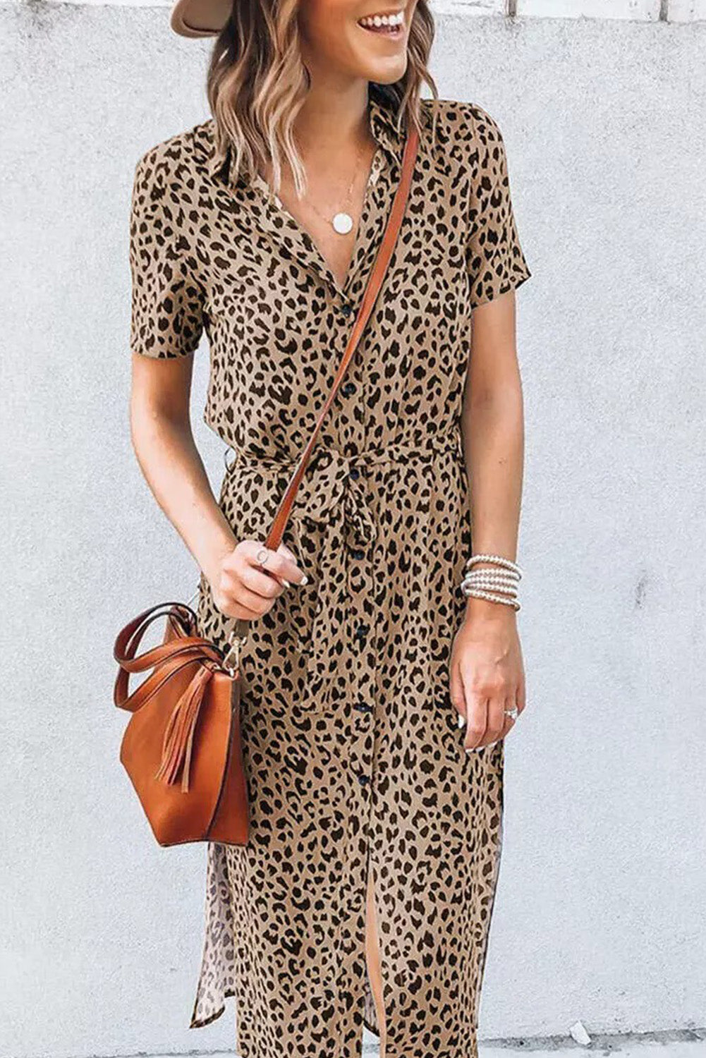 Leopard Turn-Down Collar Slit Midi Dress
