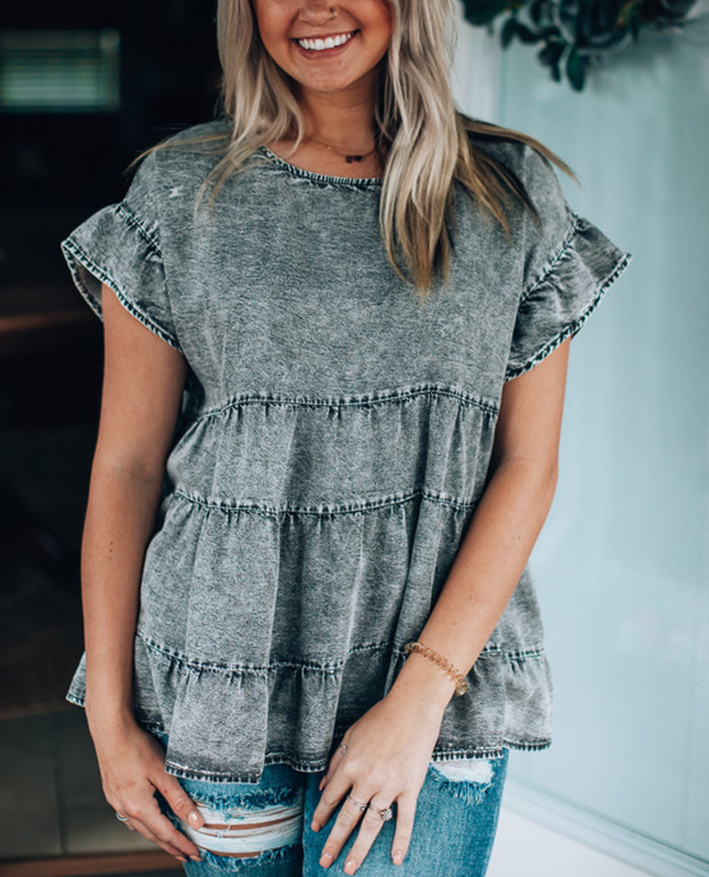 Gray Flutter Sleeves Tiered Denim Top