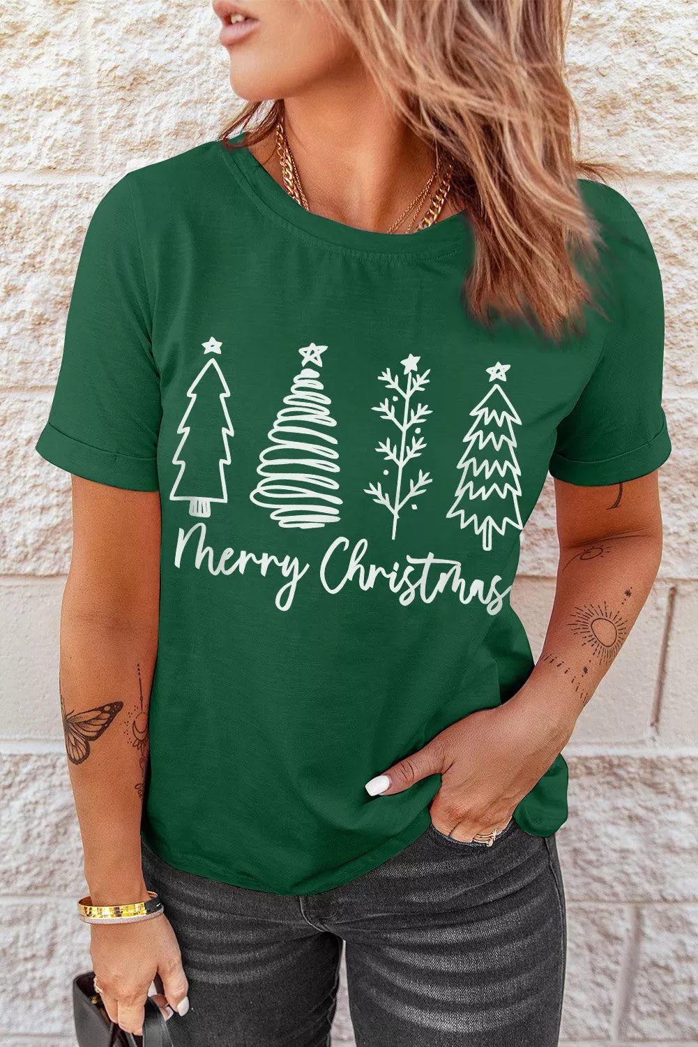 Green Merry Christmas Tree Graphic Print Tee