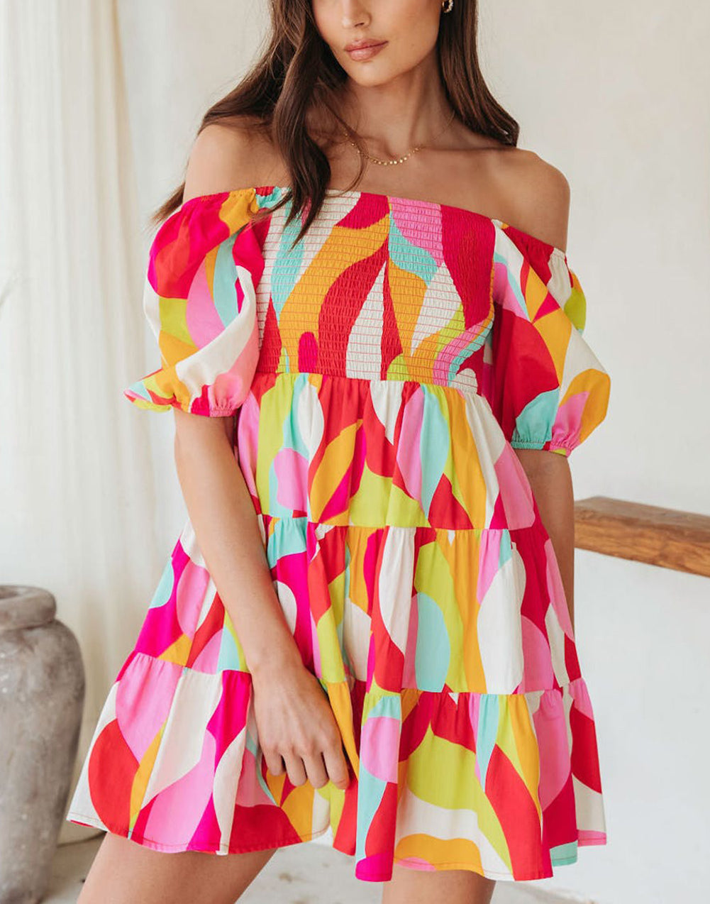 Multicolor Geometric Print Smocked Babydoll Mini Dress