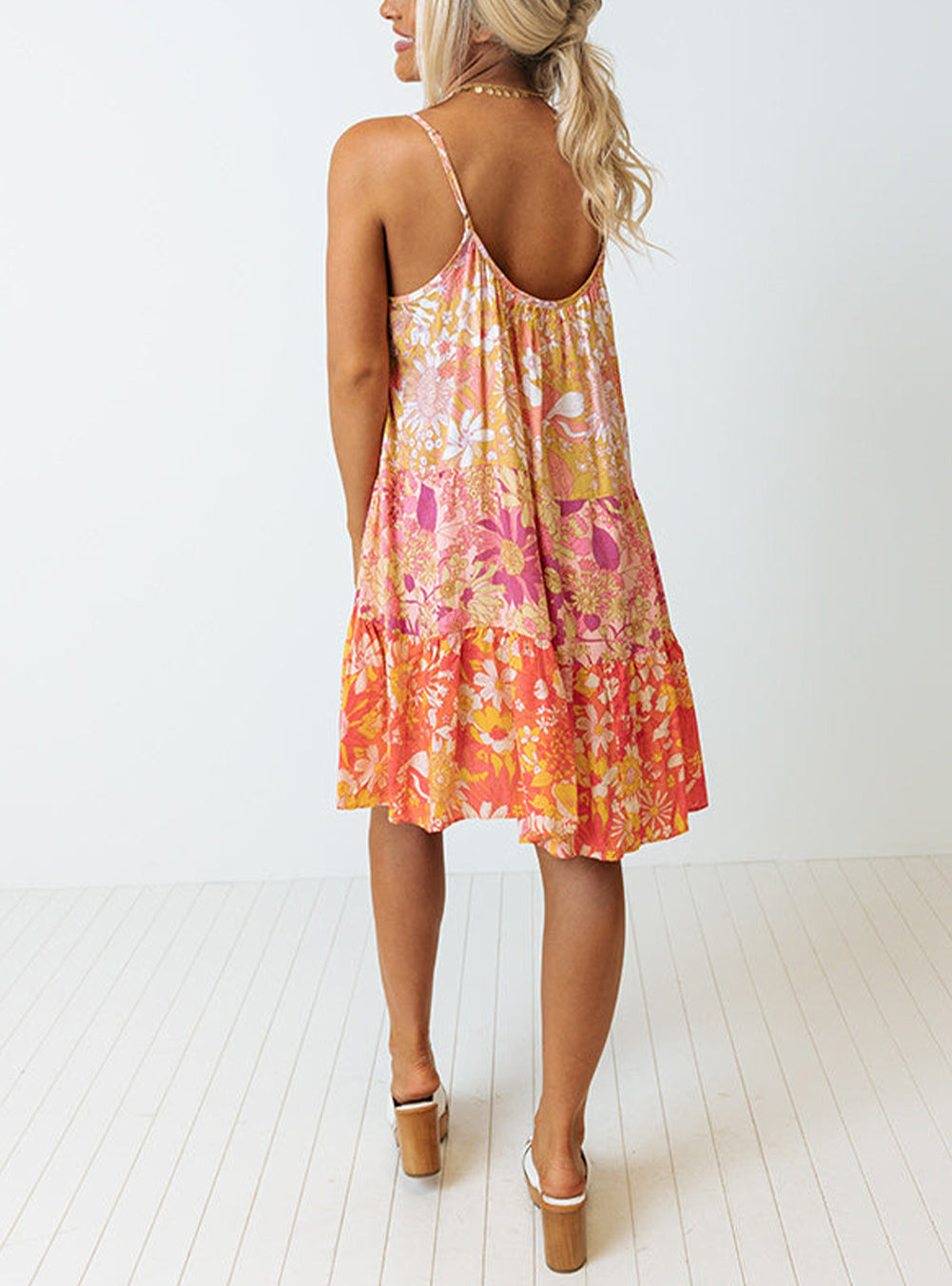 Orange Floral Print Tiered Spaghetti Straps Shift Dress