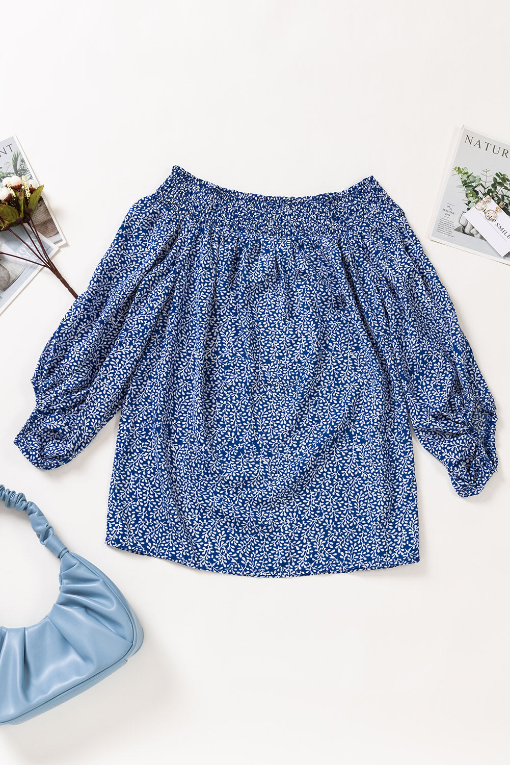 Off Shoulder Floral Print Lantern Sleeve Blouse