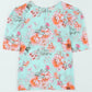 Sky Blue Floral Print Short Puff Sleeves Top