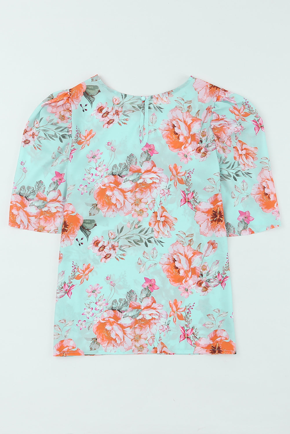 Sky Blue Floral Print Short Puff Sleeves Top