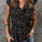Black Floral Print Belted Ruffled V Neck Sleeveless Top