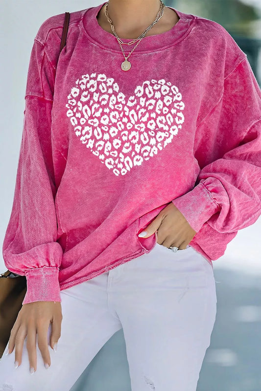 Rose Heart Shaped Leopard Print Patchwork Pullover Sweatshirt