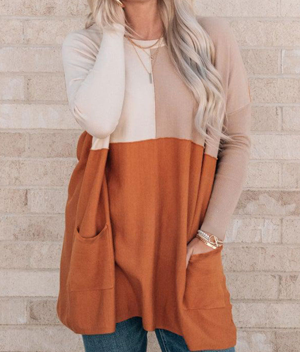 Pocketed Color Block Patchwork Long Sleeve Top