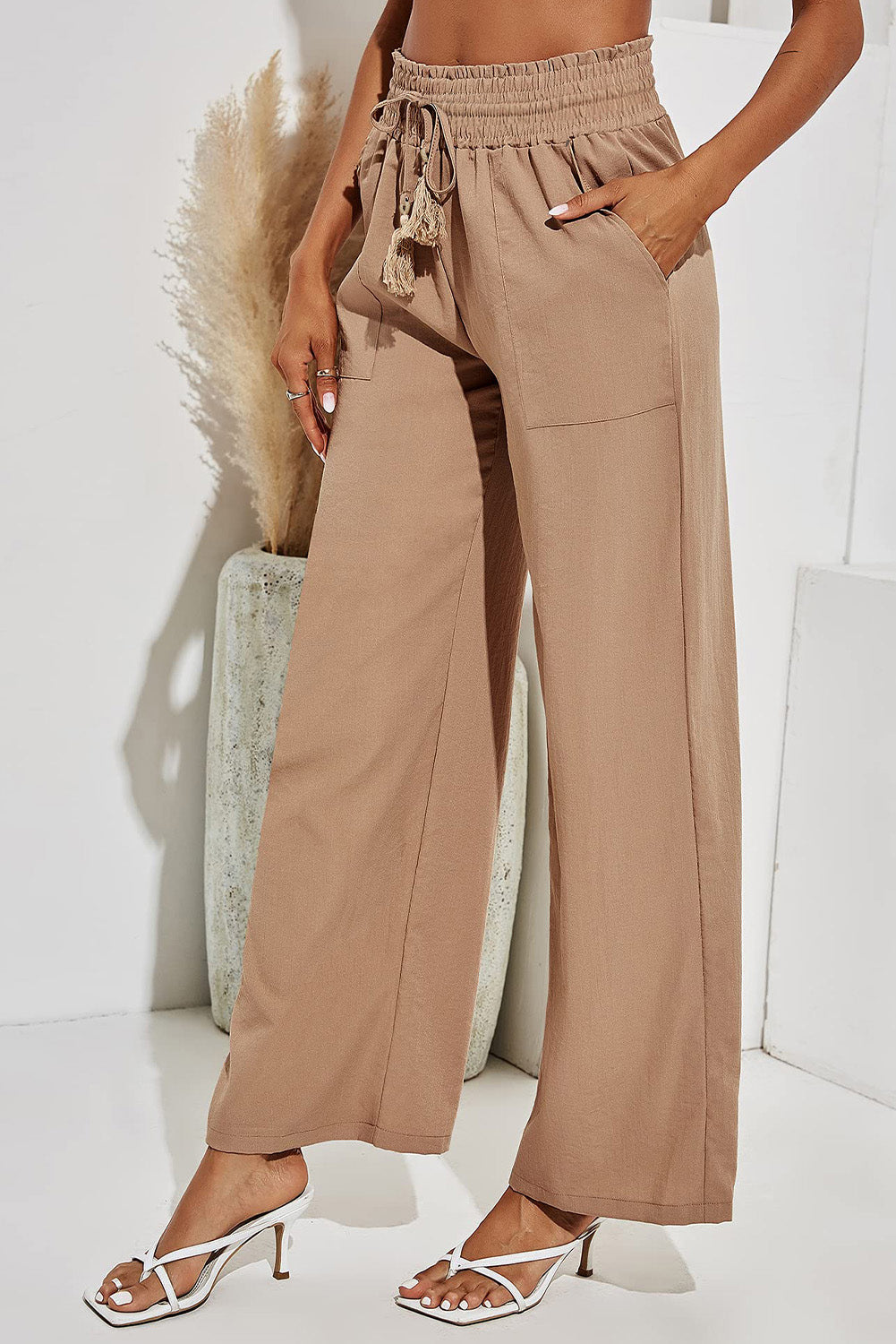 Elastic Smocked Waist Wide Leg Casual Pants