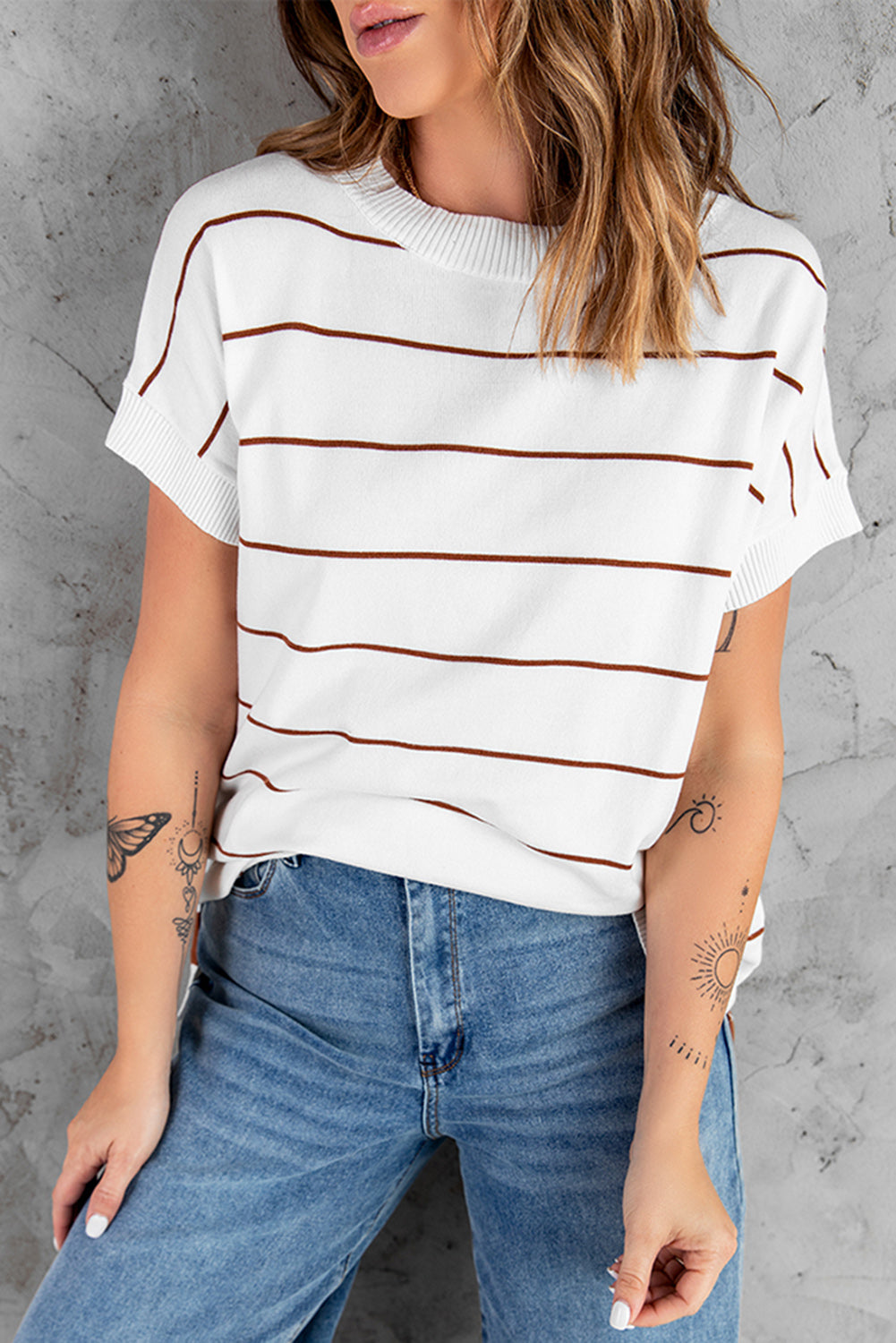 Brown Striped Knit Sweater Short Sleeve Top