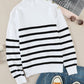 Striped Turtleneck Long Sleeve Sweater with Buttons