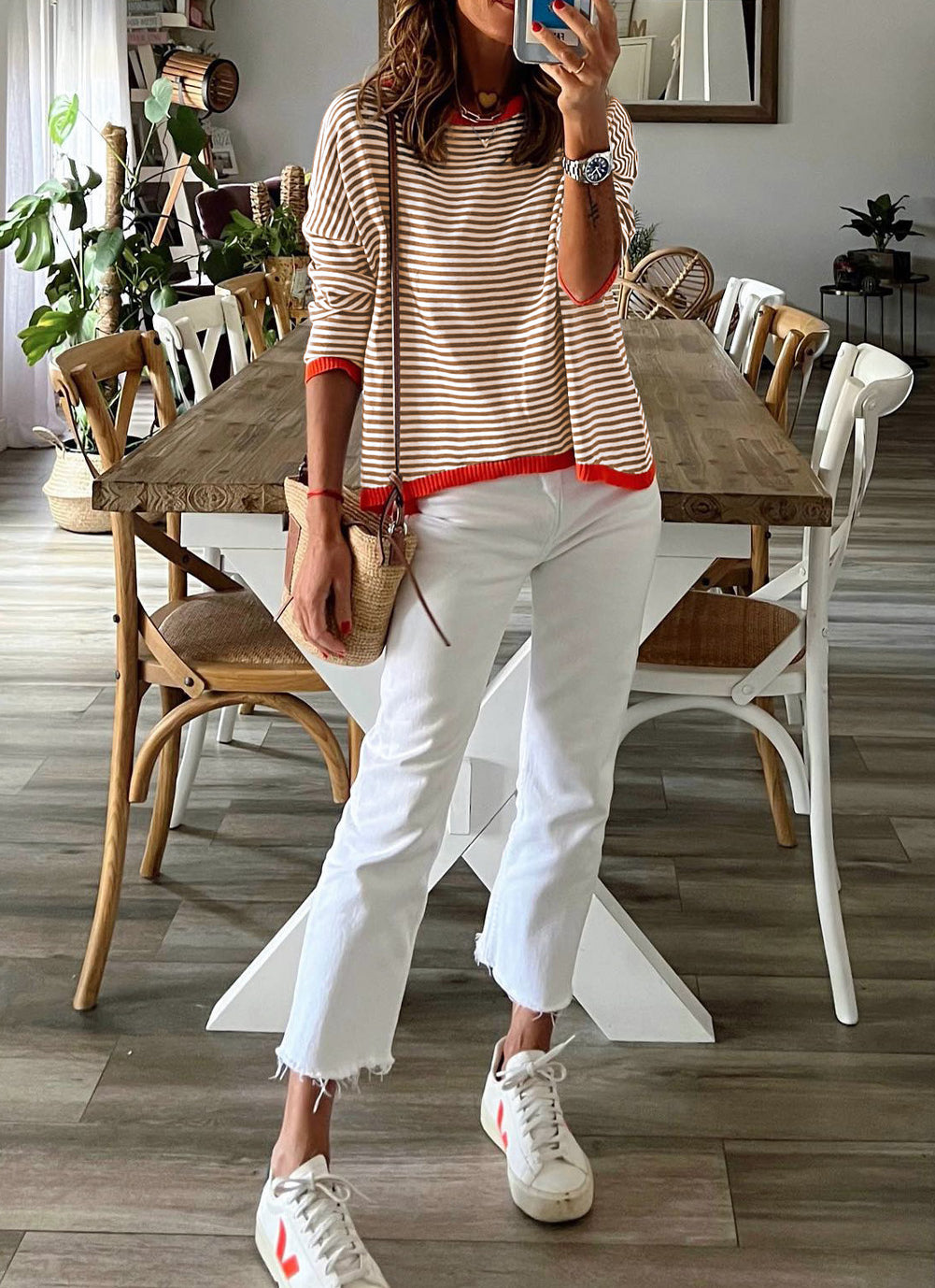 Contrast Trimmed Striped Drop Shoulder Sweater