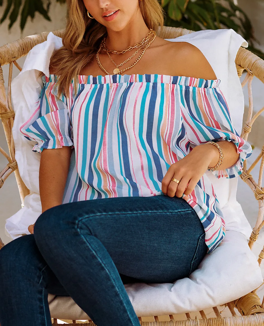 Stripe Off The Shoulder Rainbow Striped Top