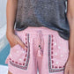 Pink Boho Embroidered Floral Tasseled Drawstring Waist Casual Shorts