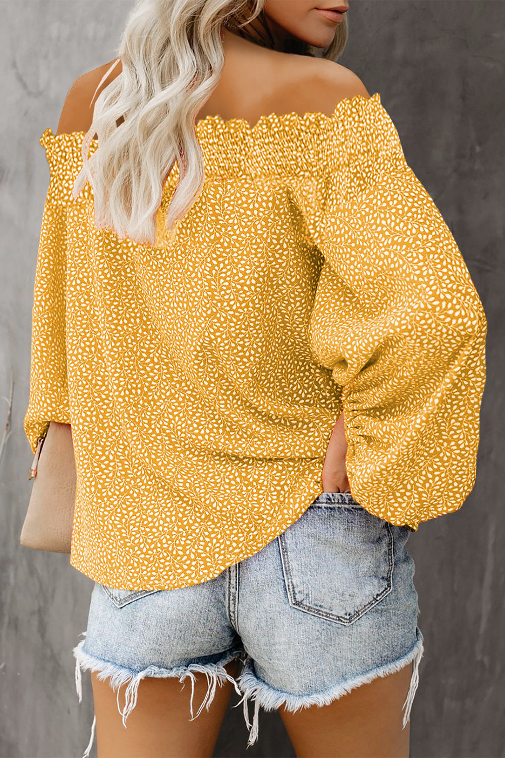 Off Shoulder Floral Print Lantern Sleeve Blouse