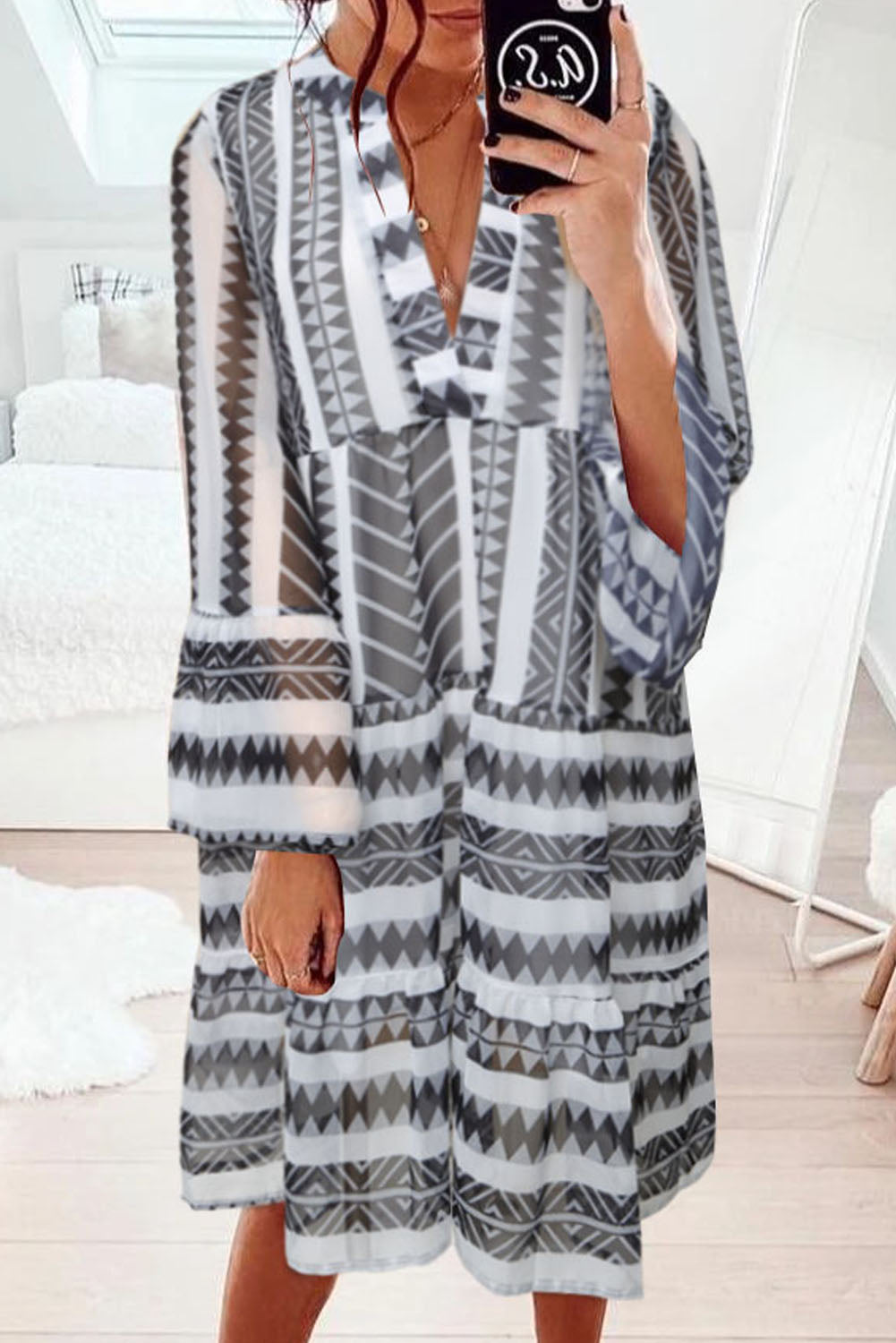 Black Geometric Print Print V neck Ruffle Swing Mini Dress