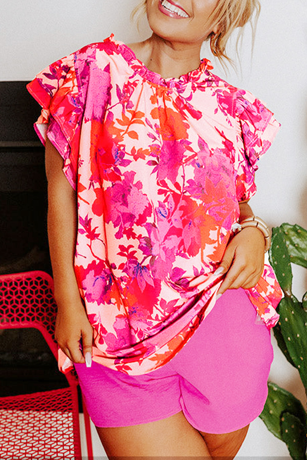 Rose Ruffle Tiered Sleeve Frill Neck Floral Plus Size Blouse