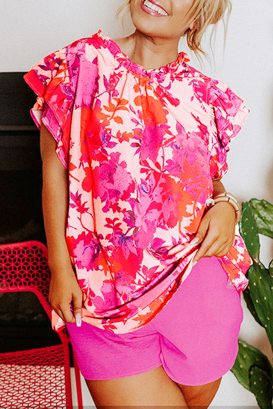 Rose Ruffle Tiered Sleeve Frill Neck Floral Plus Size Blouse