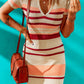 Striped Ribbed Knit V Neck Bodycon Mini Dress