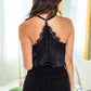 Black Lace Neckline Sleeveless Satin Bodysuit