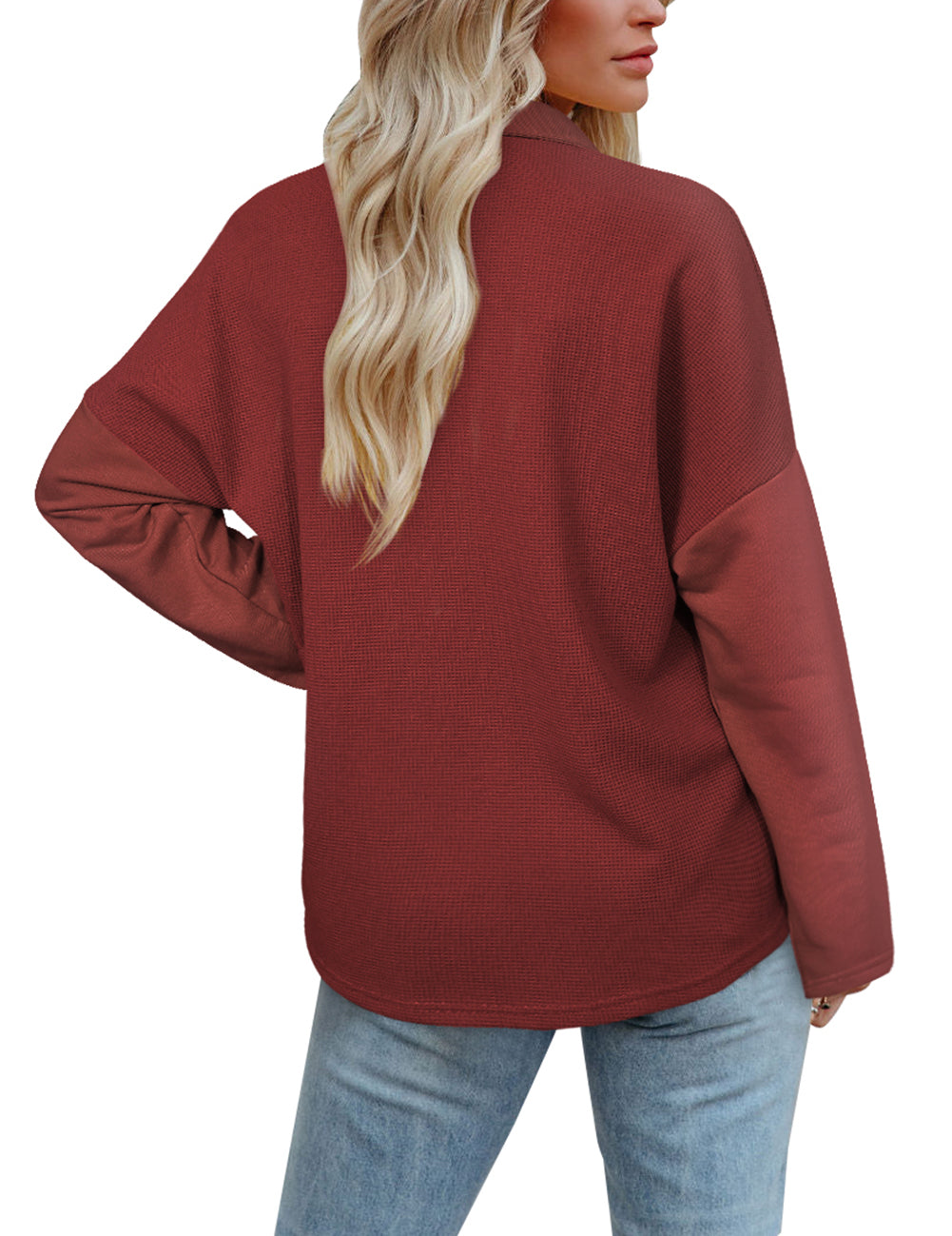 Red Waffle Knit Patch Pocket Shacket