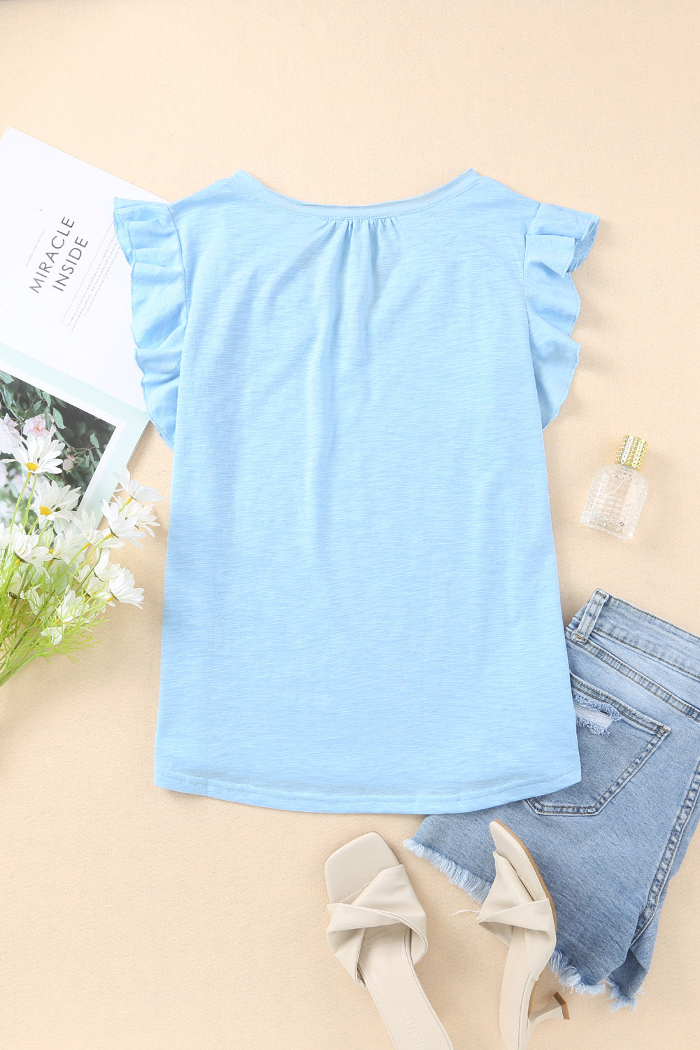 Sky Blue Casual Solid V Neck Butterfly Sleeve Tee
