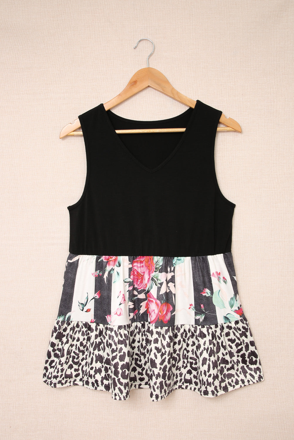 Leopard Floral Color Block V Neck Tank Top