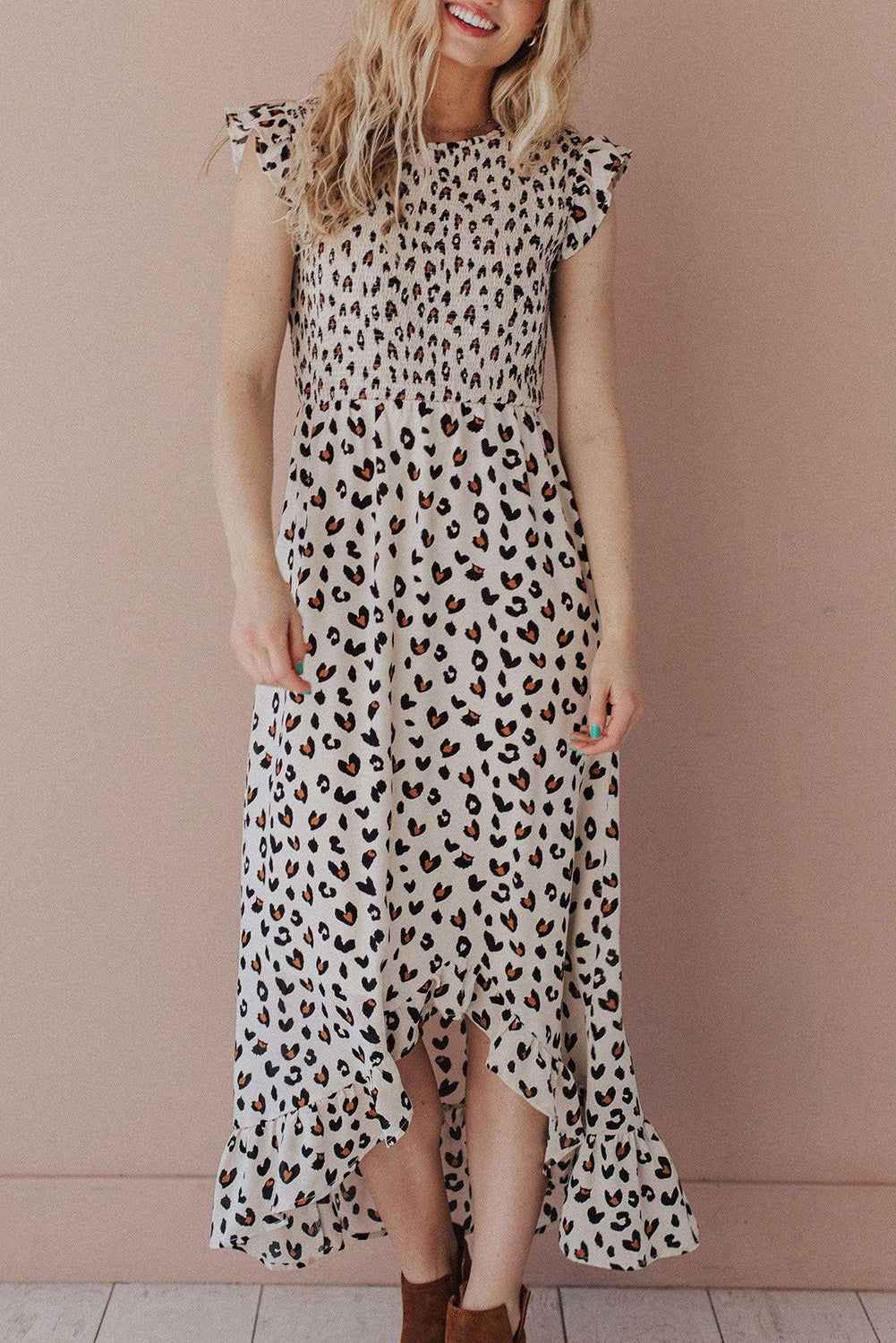 White Leopard Smocked High Low Midi Dress