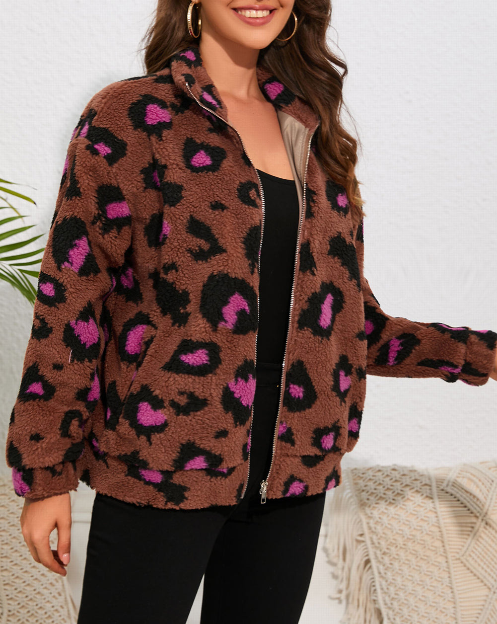 Leopard Zip Up Stand Collar Sherpa Teddy Jacket