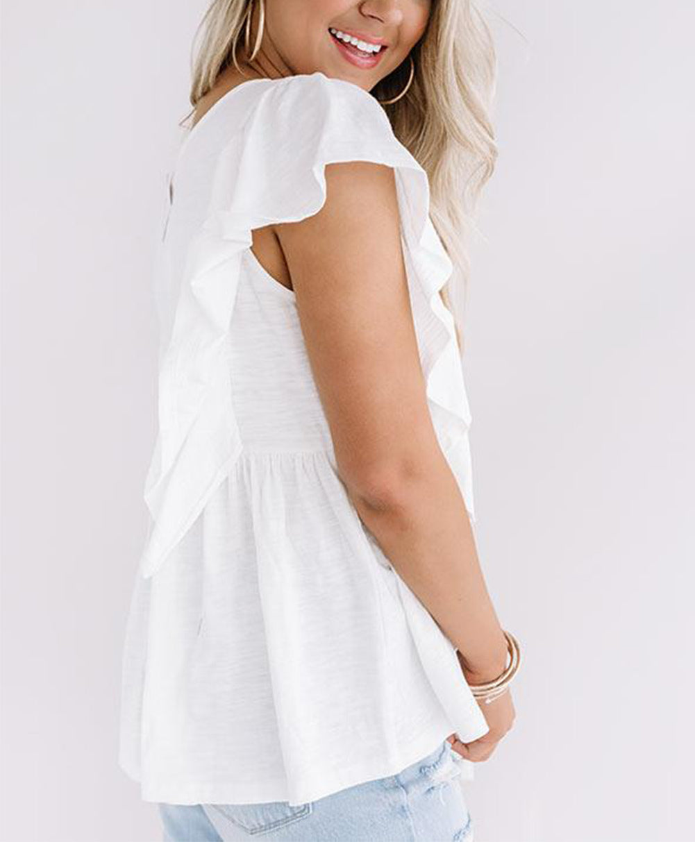 White Floral Embroidered Ruffled Lace-up V Neck Top